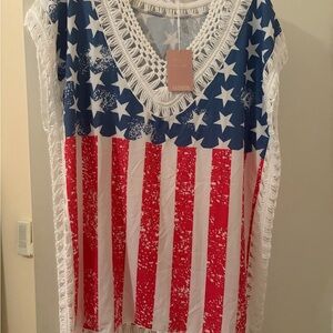 Women's Star and Stripe Crochet Trim Top